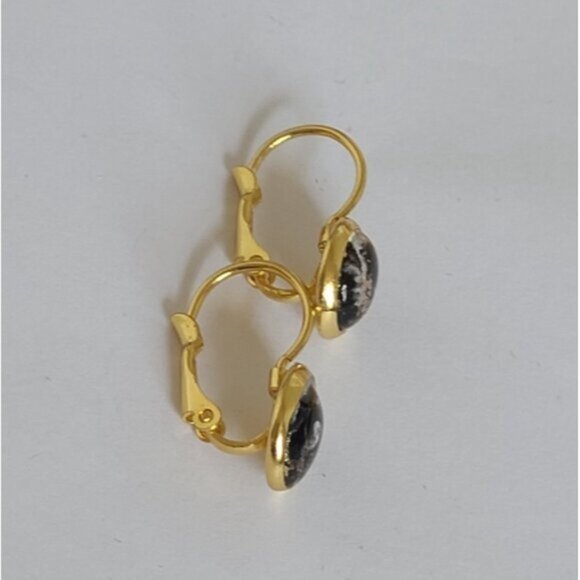 Elegant Hand Crafted Boho Black Gold Gemstone Marble Circle Drop Dangle Earrings - Picture 13 of 15